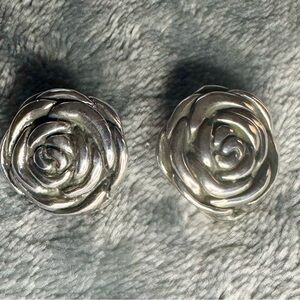 Silver Rose Stud Earrings with Polished Petals